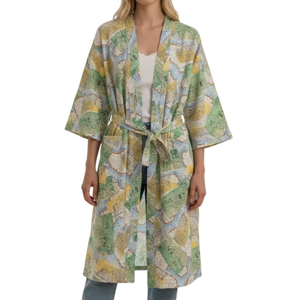 Nordstrom Robe Womens Regular Multicolor Cotton Terry Lined Map Print Vintage